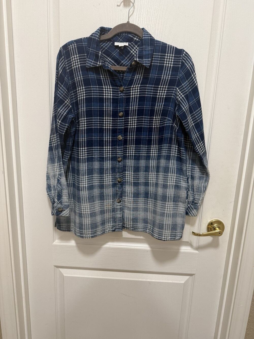 J Jill Women Plaid Double Cloth Long Sleeve Button Front Blue Ombré Shirt Sz S